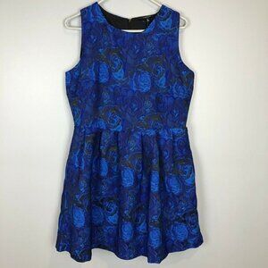 Allen B Blue Jacquard Floral Sleeveless Blue Dress L